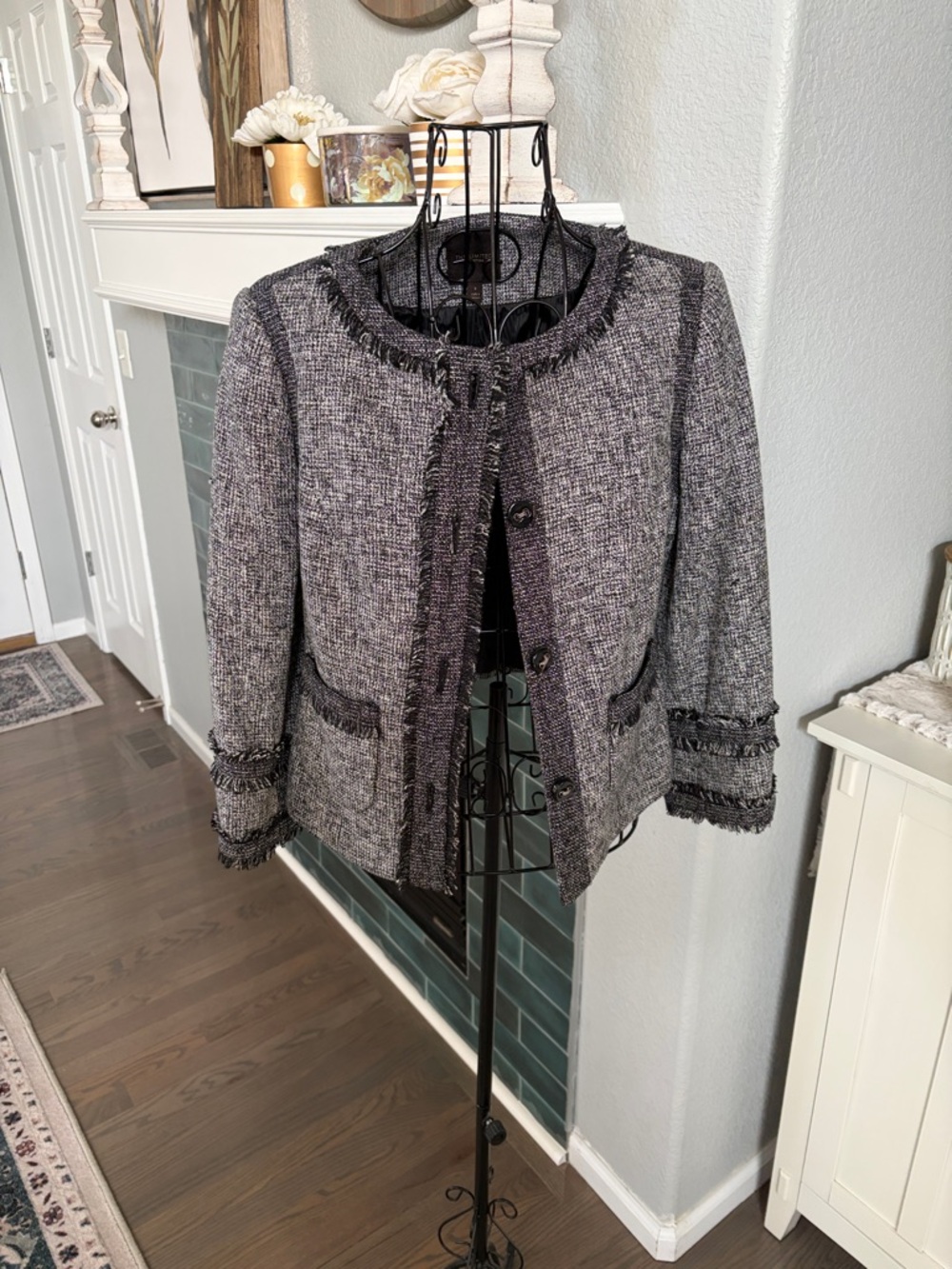 The Limited Gray Tweed Fringe-Trim Blazer